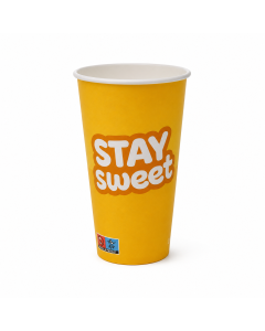 Gele Stay Sweet milkshakebeker van 500 ml (20 oz) zonder deksel en rietje.