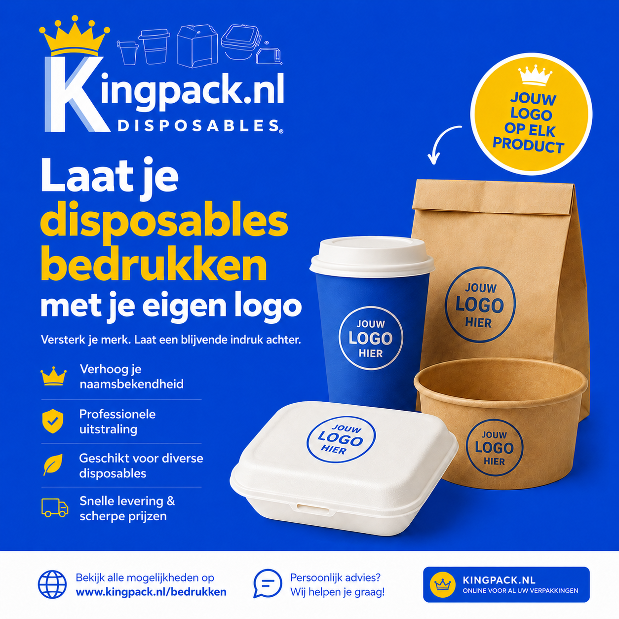 Laat disposables bedrukken met eigen logo, zoals koffiebekers, snackbakjes, kraft zakken en bowls voor horeca en takeaway